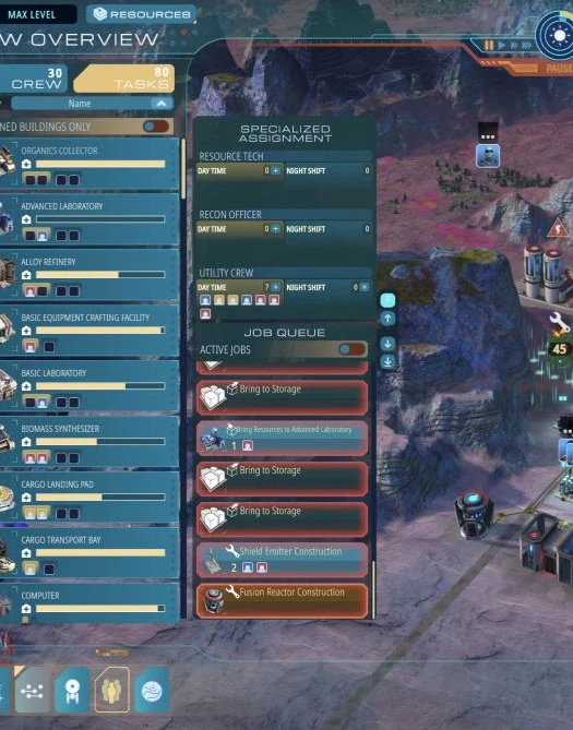 Job Queue showing Shield Emitter Construction selected, with ordering arrows beside the queue.