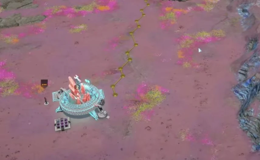Red-orange crystals inside the footprint of a Crystals Extractor on Daegus.